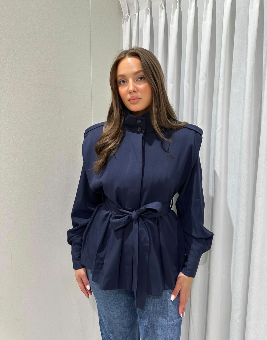 Ivory belted jacket navy