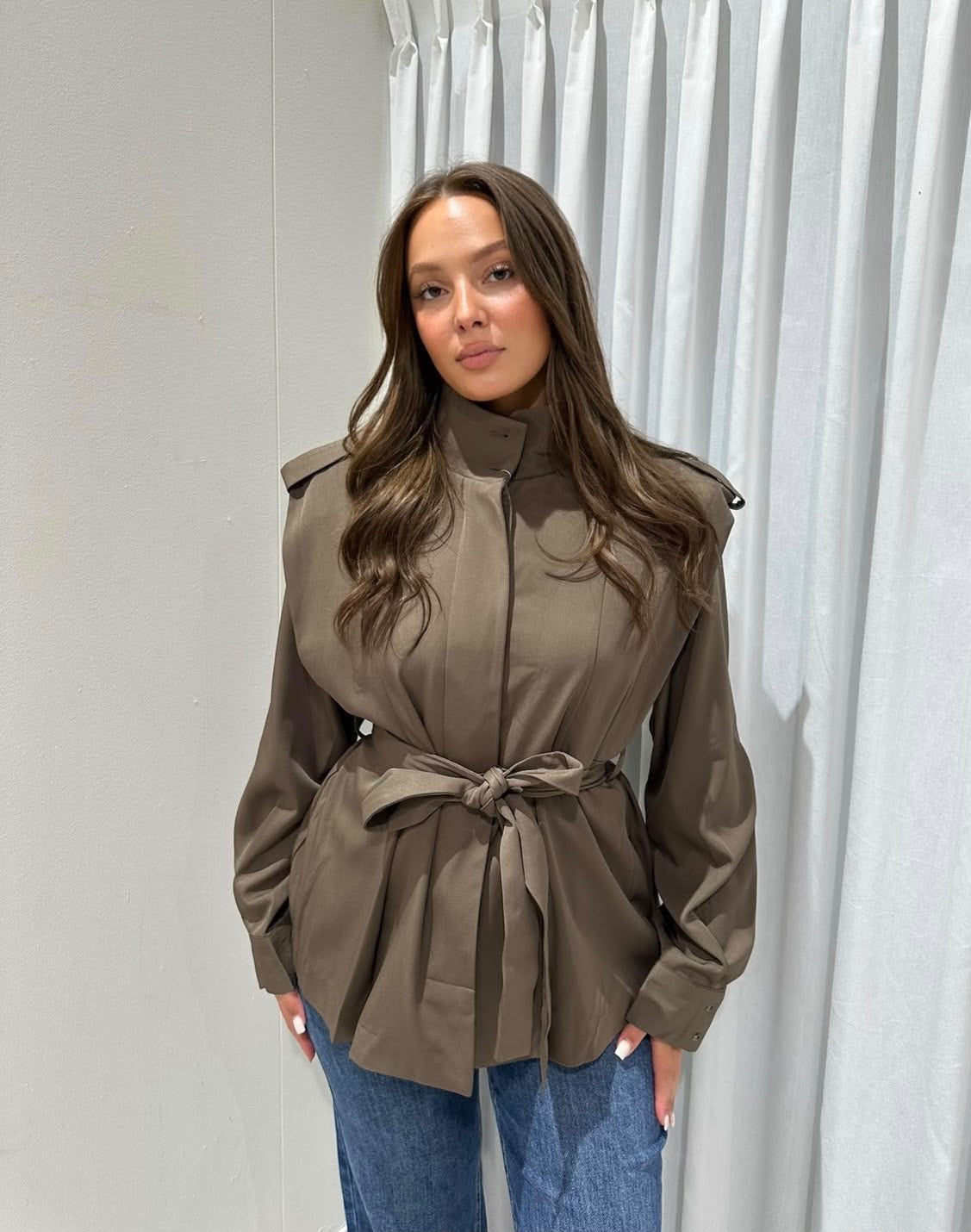 Ivory belted jacket taupe