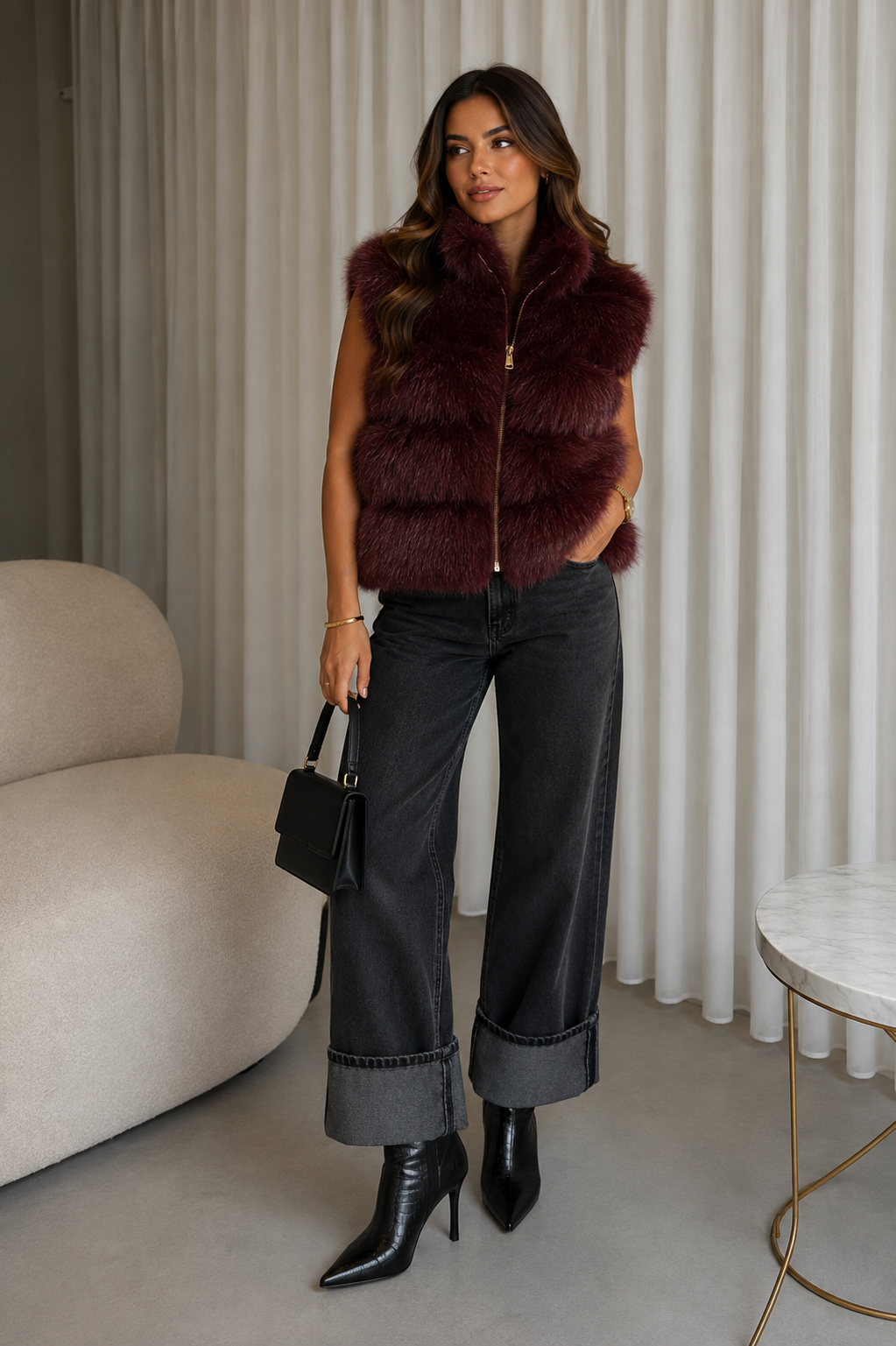 Faux fur gilet burgundy